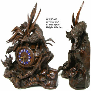 Museum Antique HC Black Forest Mantel Clock, 18.75" Tall, Japy Freres, Fox, Hens