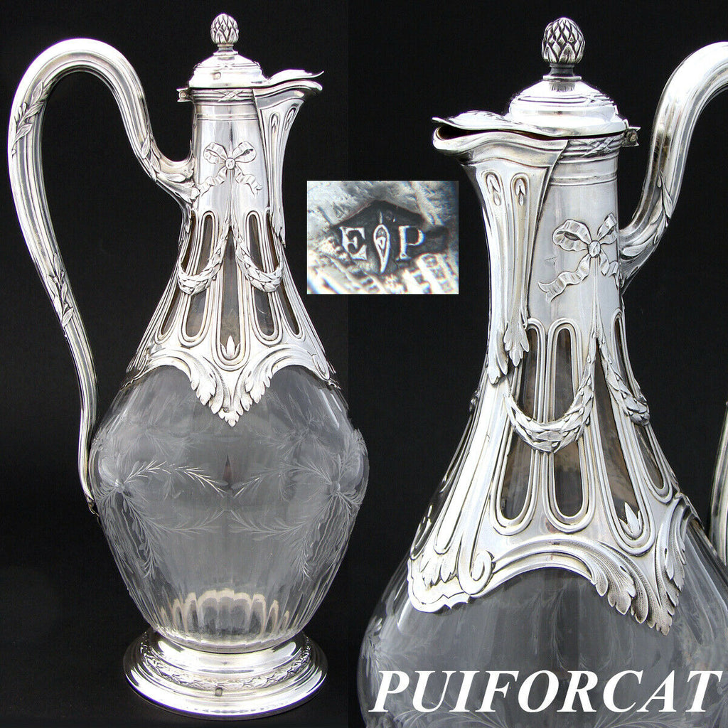 Antique French PUIFORCAT Sterling Silver & Intaglio Glass Claret Jug, Empire