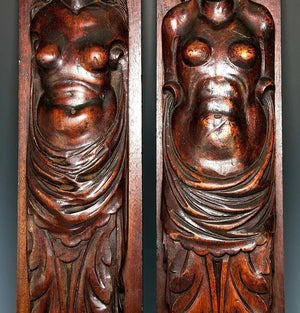 Antique French Carved Wood Caryatid Figures, 23.5" tall, Cabinet Fragment Accent