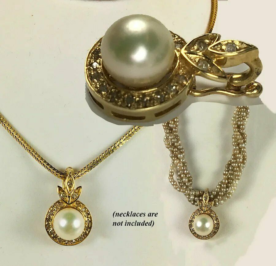 Vintage 14k Gold, Pearl and Diamond Pendant, Hinged Enhancer for Necklace