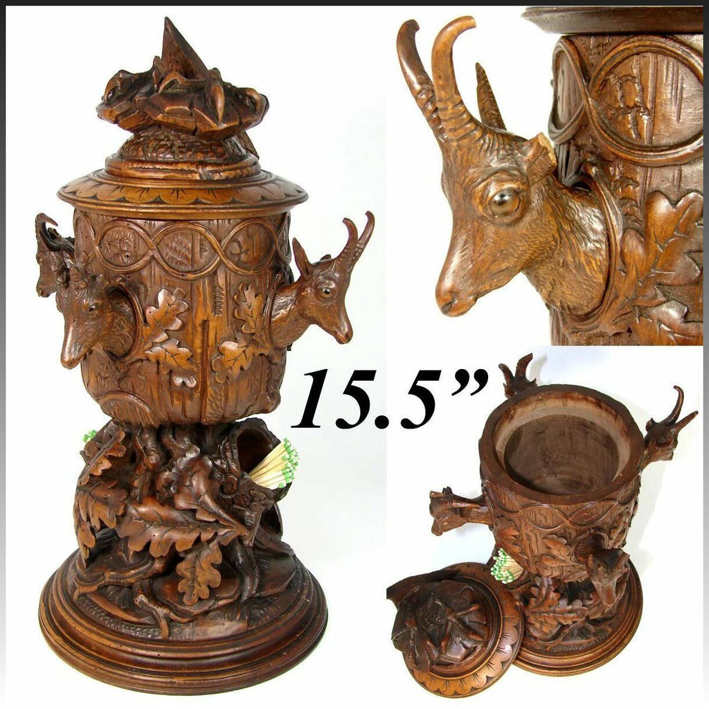 Antique Swiss Black Forest 15.5” Smoker’s Stand, Trophy Style Chamois Figures