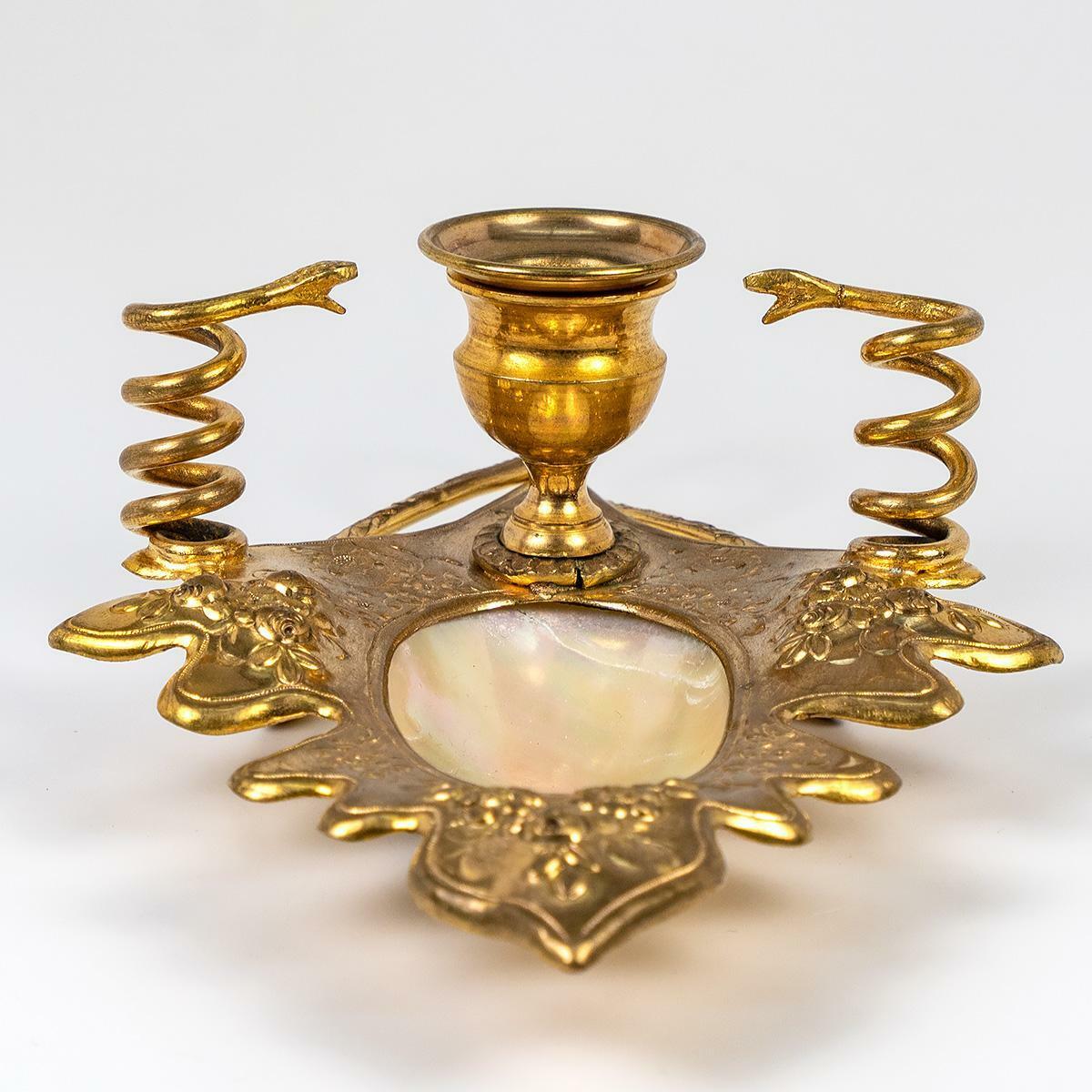 Antique French Mother of Pearl Palais Royal Candle Holder, Brilliant Ormolu