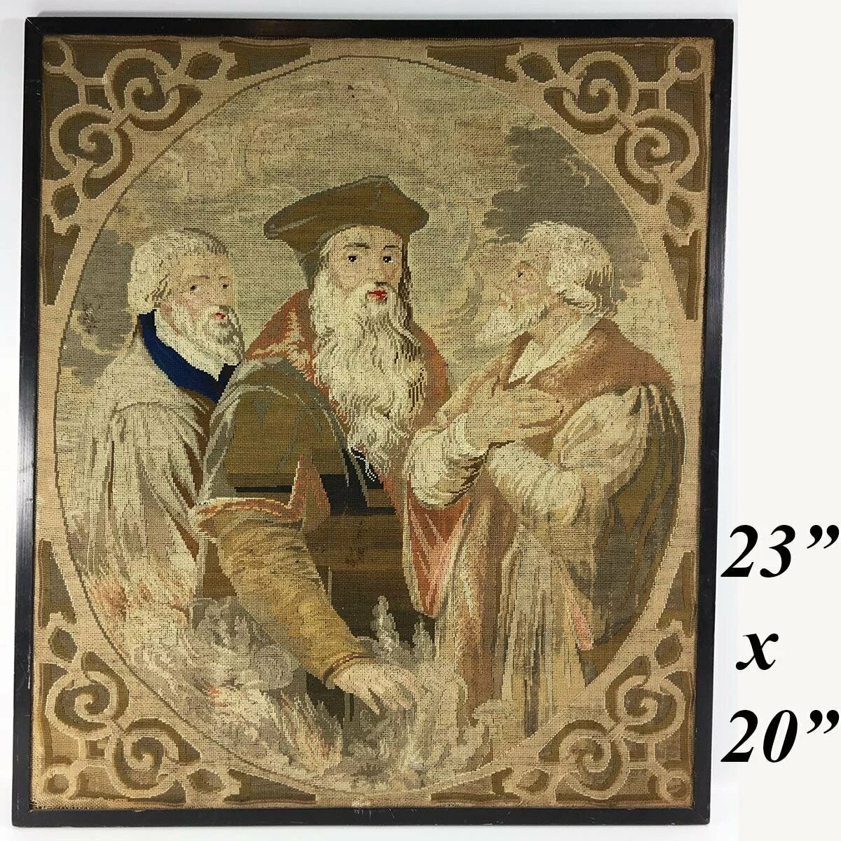 Antique Victorian Era Needlepoint Tapestry Panel, The Philosophers, No Frame 23"