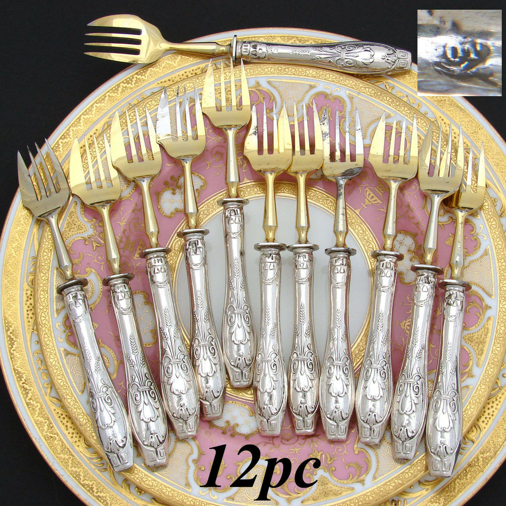 Vintage Belgian & French Hallmarked Silver & Gilt 12pc Cake Oyster Fork Set