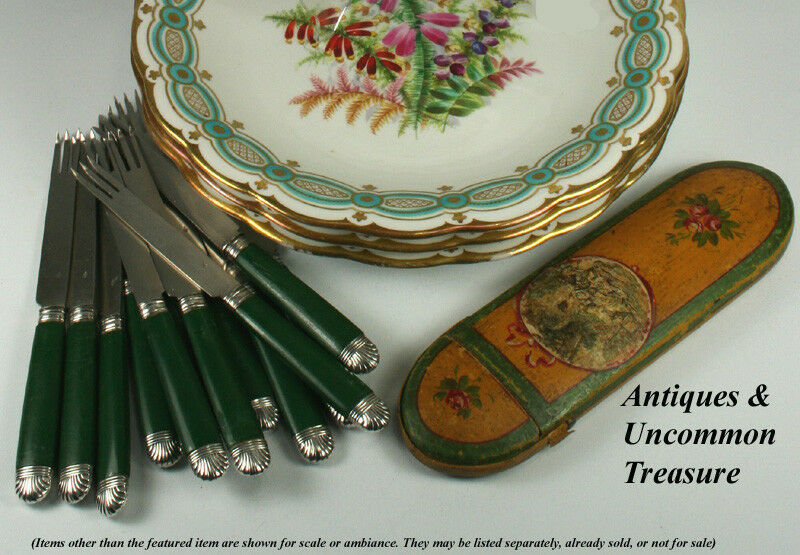 Antique 4pc Hand Painted 8 3/4" Cabinet Plate Set, Flowers with Turquoise & Gold