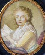 Antique French Hand Painted Portrait Miniature, Woman with Book, Mme Du Barry