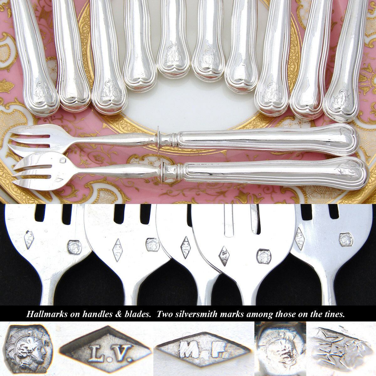 Antique French Hallmarked Silver 12pc Shellfish or Oyster Fork Set, Thread Style