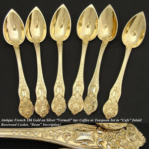 Antique French 18k Vermeil 6pc Coffee or Teaspoon Set, "Cafe" Inlay Box,  "Dean"