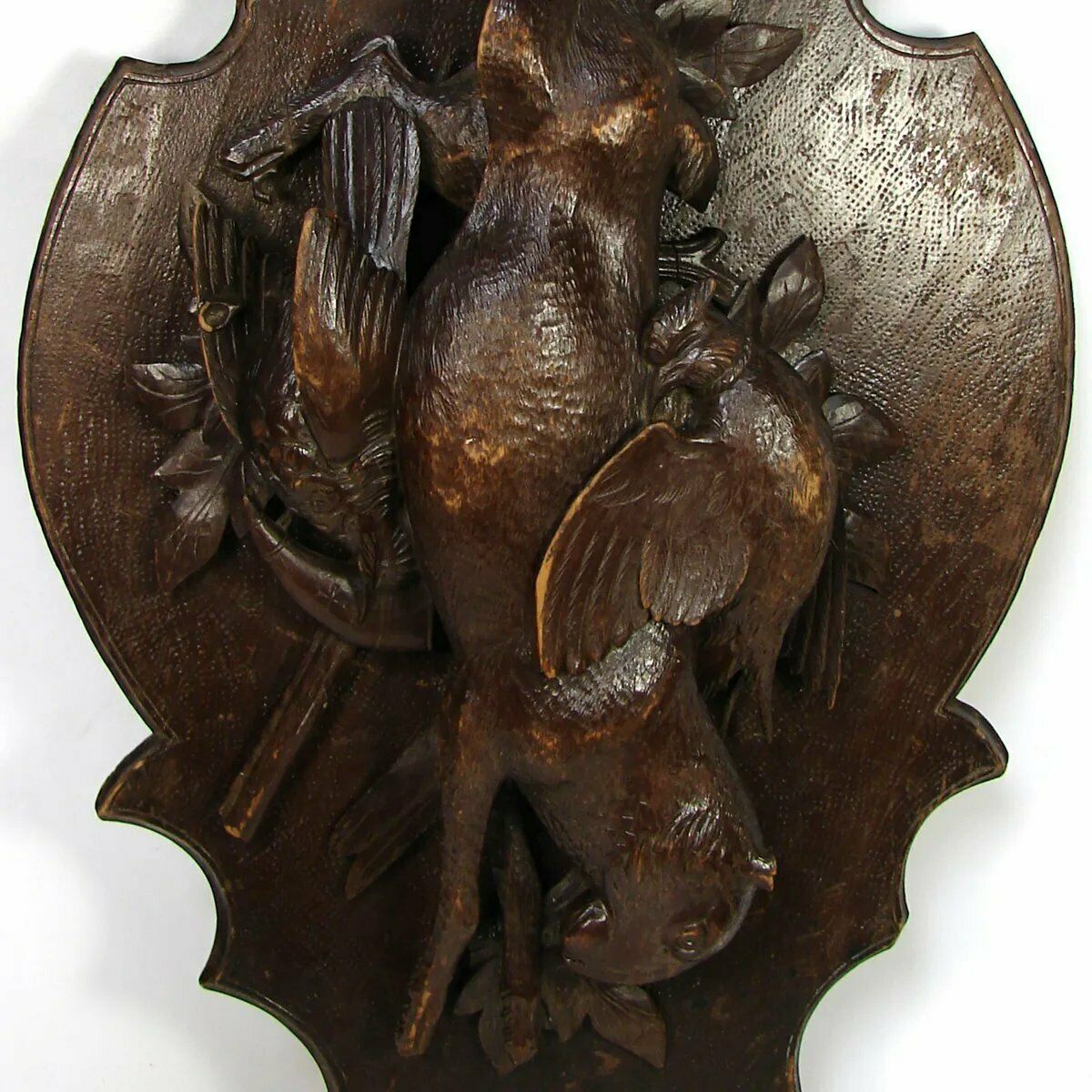 Antique Black Forest 27.5" Game Plaque, Rabbit, 2 Grouse, Rifle, Fruits of Hunt