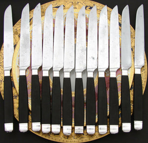 Antique French Sterling Silver & Ebony Handle 12pc Dinner Knife Set, 2pc Serving