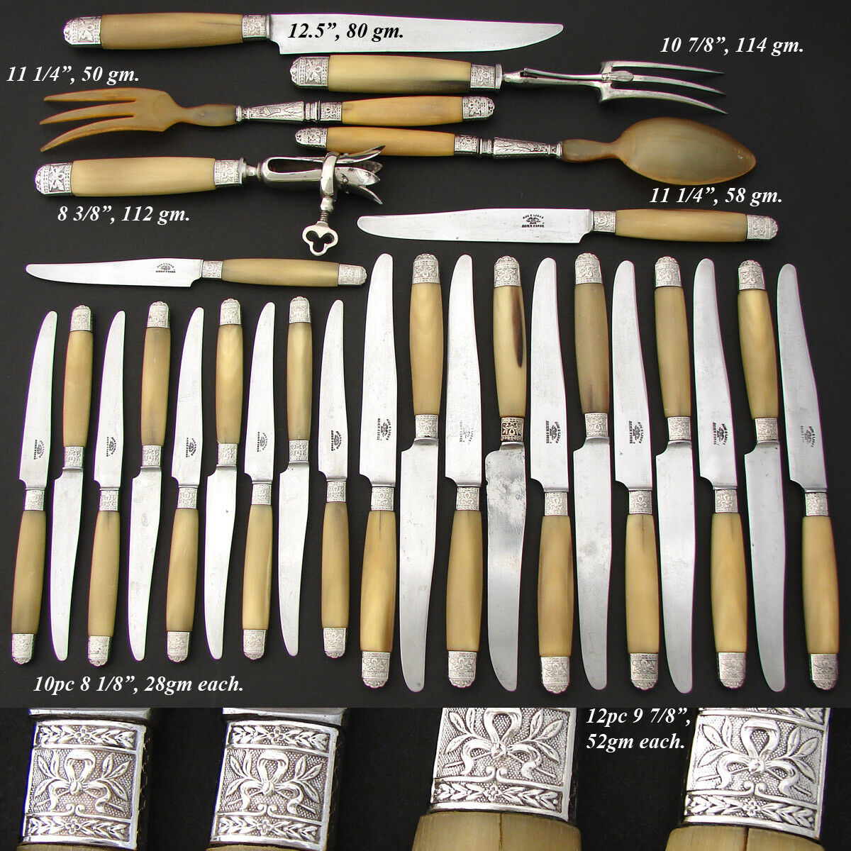 Antique French Empire Style 27pc Dinner Knife Set, Genuine Horn & Silver Handles