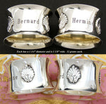 PAIR Antique French Sterling Silver Napkin Rings, Seashell, "Hermine"  "Bernard"