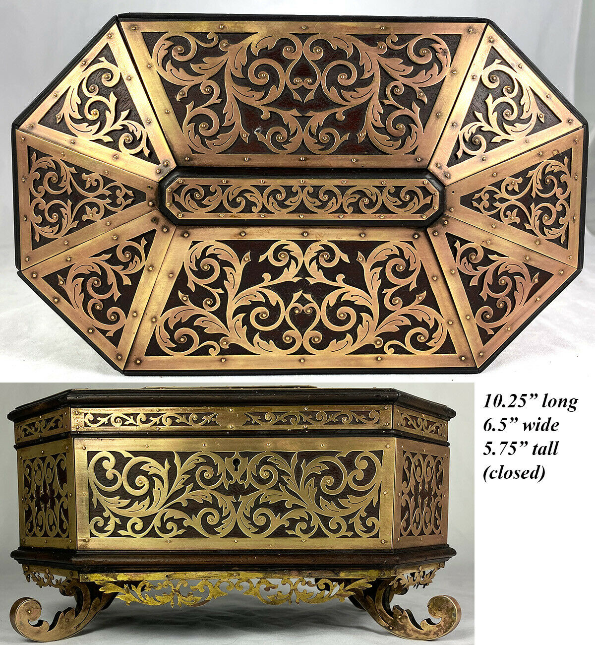 Antique French Boulle Jewelry Box, Casket, 10.25" Octagonal Brass on Walnut