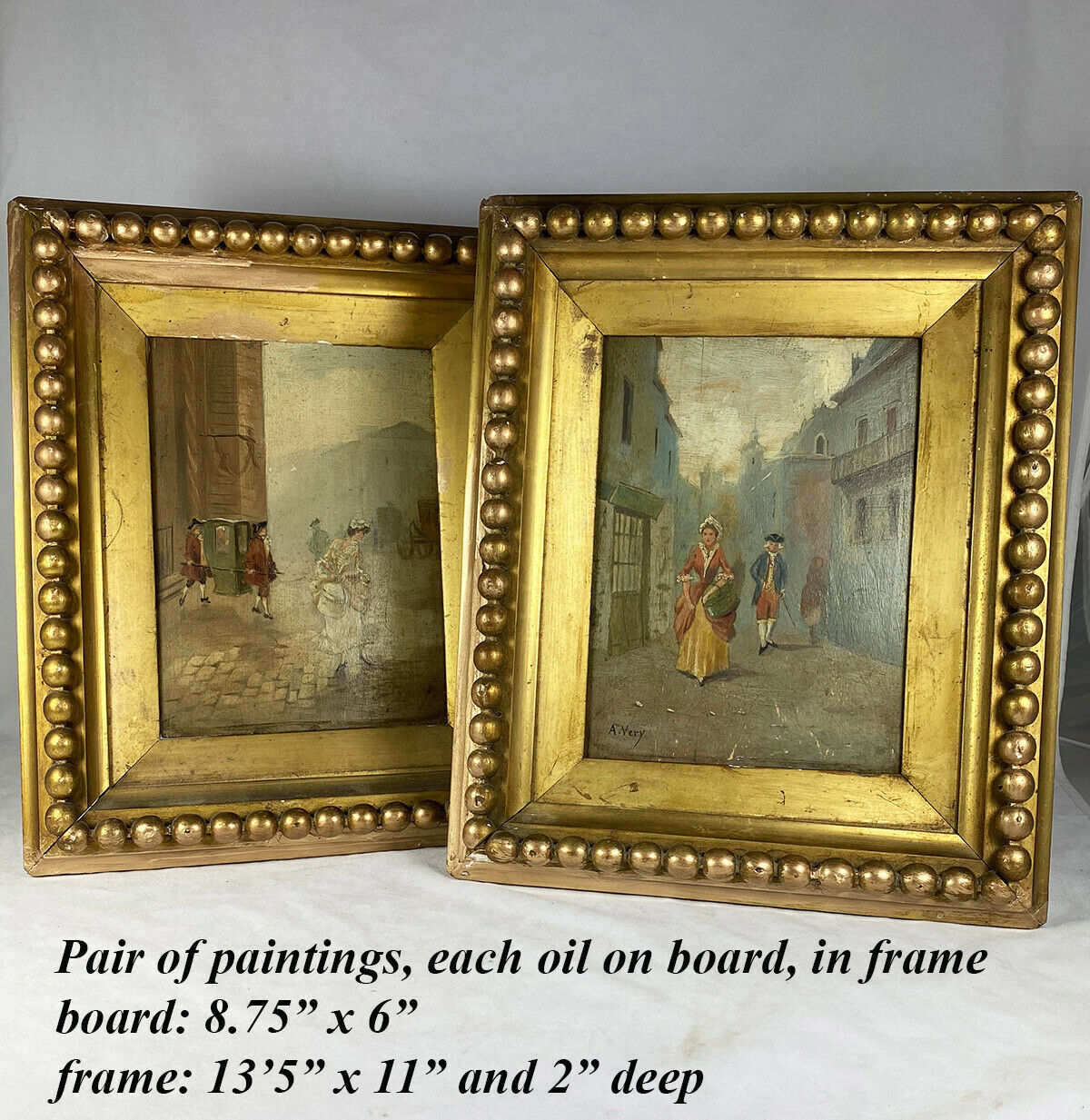 PAIR: Antique Oil Painting on Board, Original c.1870s Wood Frame, Gilt & Gadroon