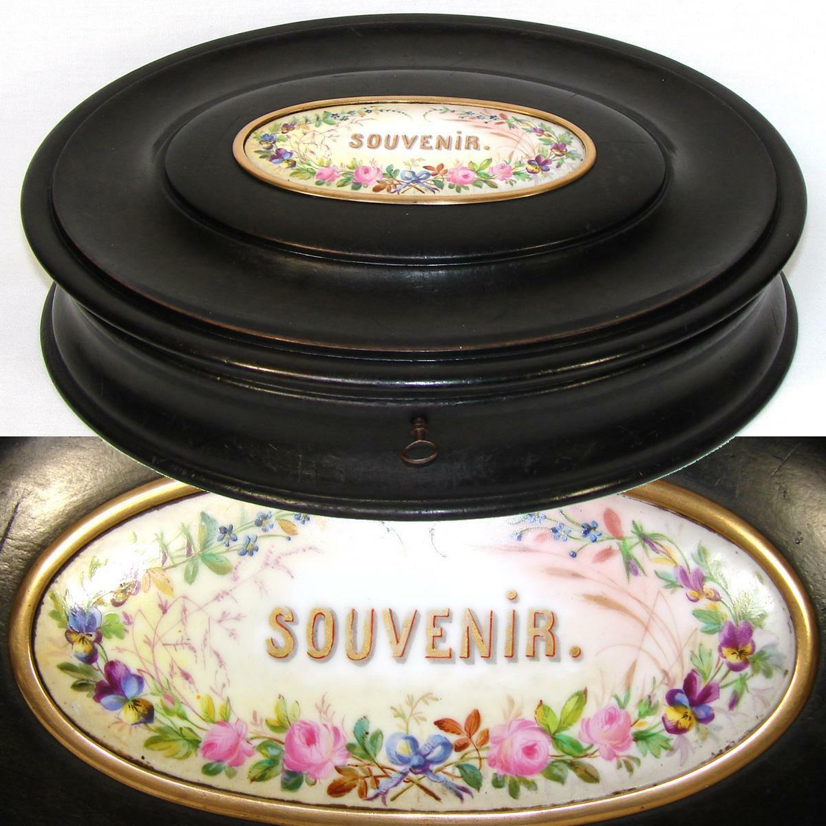 Antique Victorian Era 11" Oval Jewelry Casket, Ebonized, HP Porcelain "Souvenir"