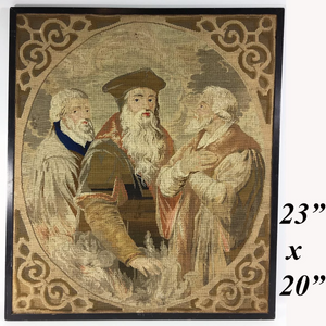 Antique Victorian Era Needlepoint Tapestry Panel, The Philosophers, No Frame 23"