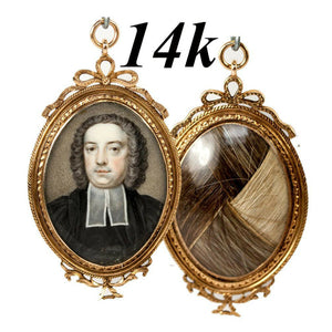 Superb c.1780-1800 Portrait Miniature Pendant, Locket, Hair Art 14k - 15k Gold