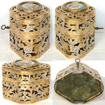 Antique French Reticulated Bronze 4.5" Scent Caddy, Floral Porcelain Medallion