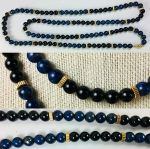 Vintage Hand Carved Lapis Lazuli and Jet Bead Necklace 32" Long, 14k Gold, Too