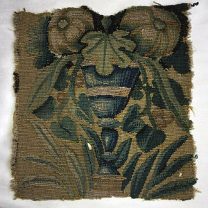 Antique Flemish Tapestry Fragment, Panel, Chalice or Goblet & Leaves, 10.5" Sq.