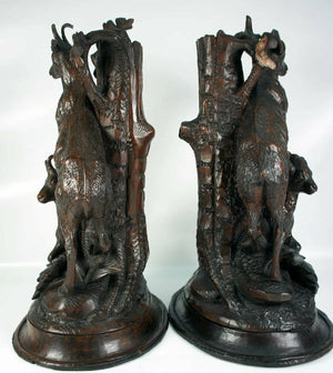 Antique Pair (2) HC Black Forest Candle Holders, Animalier, Fruits of the Hunt