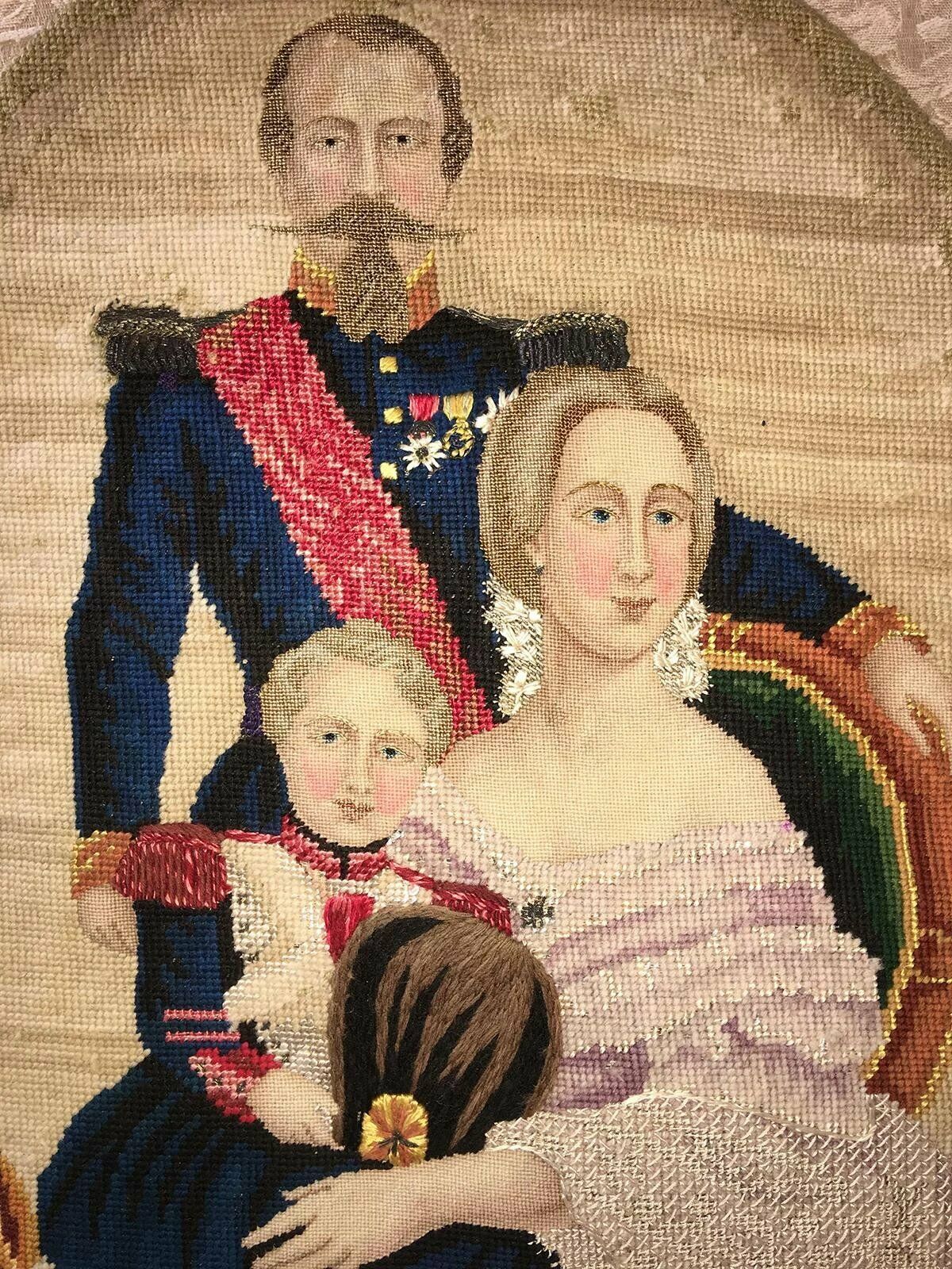 Antique Needlepoint Sampler, Tapestry, French Napoleon III Family, c.1850