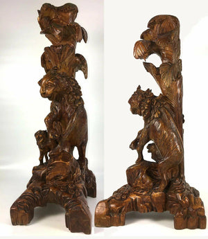 Antique Asian Carved Wood Lions, Lamp Base - 13.25" Tall, Chinoiserie, Japonaise