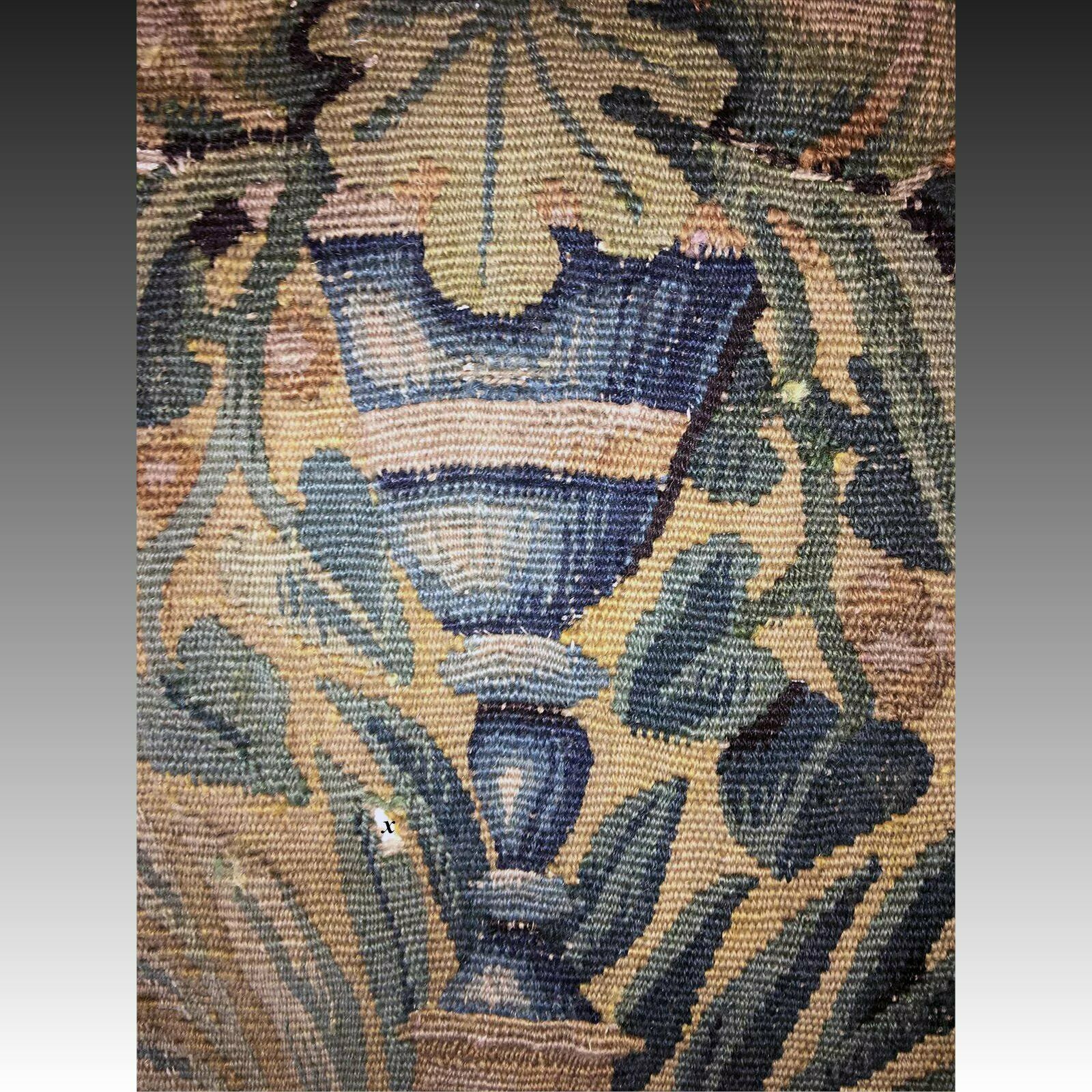 Antique Flemish Tapestry Fragment, Panel, Chalice or Goblet & Leaves, 10.5" Sq.