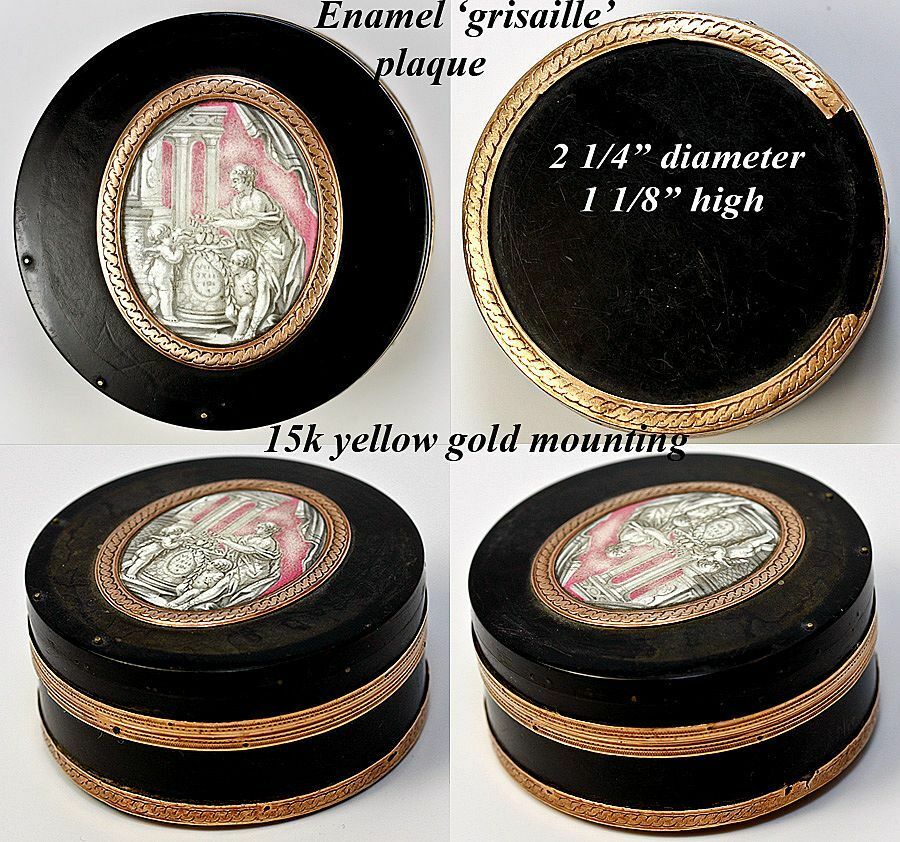 Antique Snuff Box, Grisaille Enamel Plaque, 15K Gold, Cupid, Hallmarks ...
