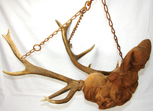 Rare Antique Black Forest Carved Wood & Antlers Ceiling Fixture, Chandelier?