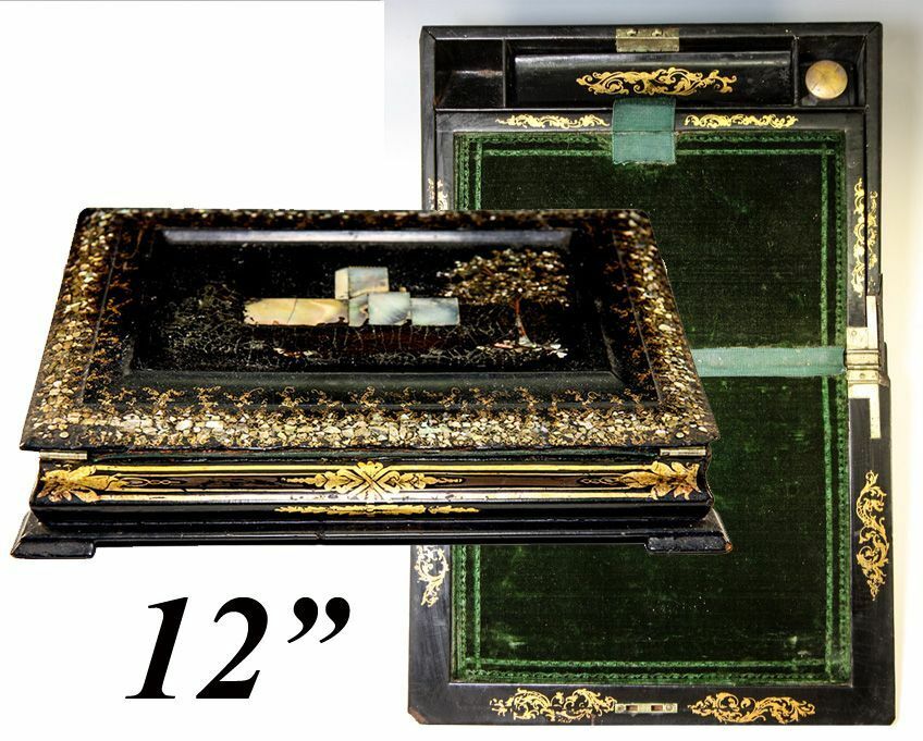 Fine 19th C. Papier Mache Writing Box, Slope, HP & MO Pearl Inlay Decoration