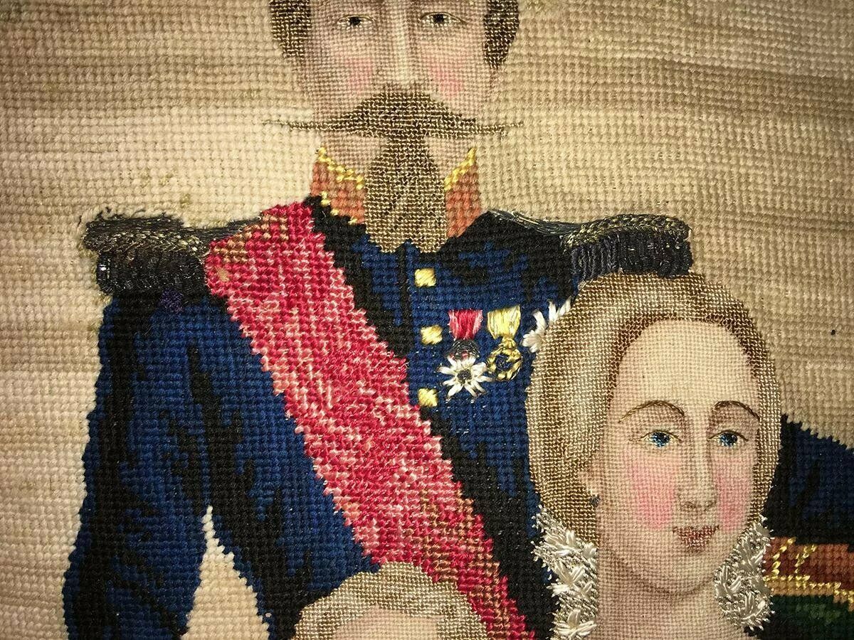 Antique Needlepoint Sampler, Tapestry, French Napoleon III Family, c.1850