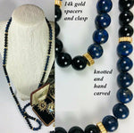 Vintage Hand Carved Lapis Lazuli and Jet Bead Necklace 32" Long, 14k Gold, Too