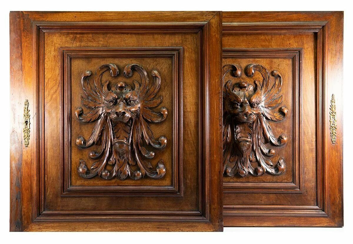 PAIR (2) Antique HC Oak French Cabinet Doors, Figural Lion Head, Each 26" x 23"