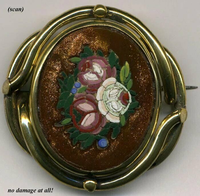 Antique Goldstone Micro Mosaic Brooch, Floral - Complete, no damage Micromosaic