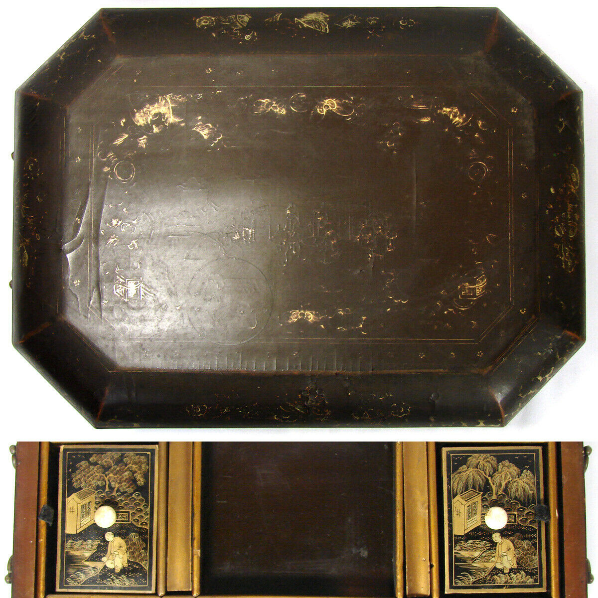 Antique Victorian Era Chinese Export Lacquer 14" Sewing Box, Chest with Fittings