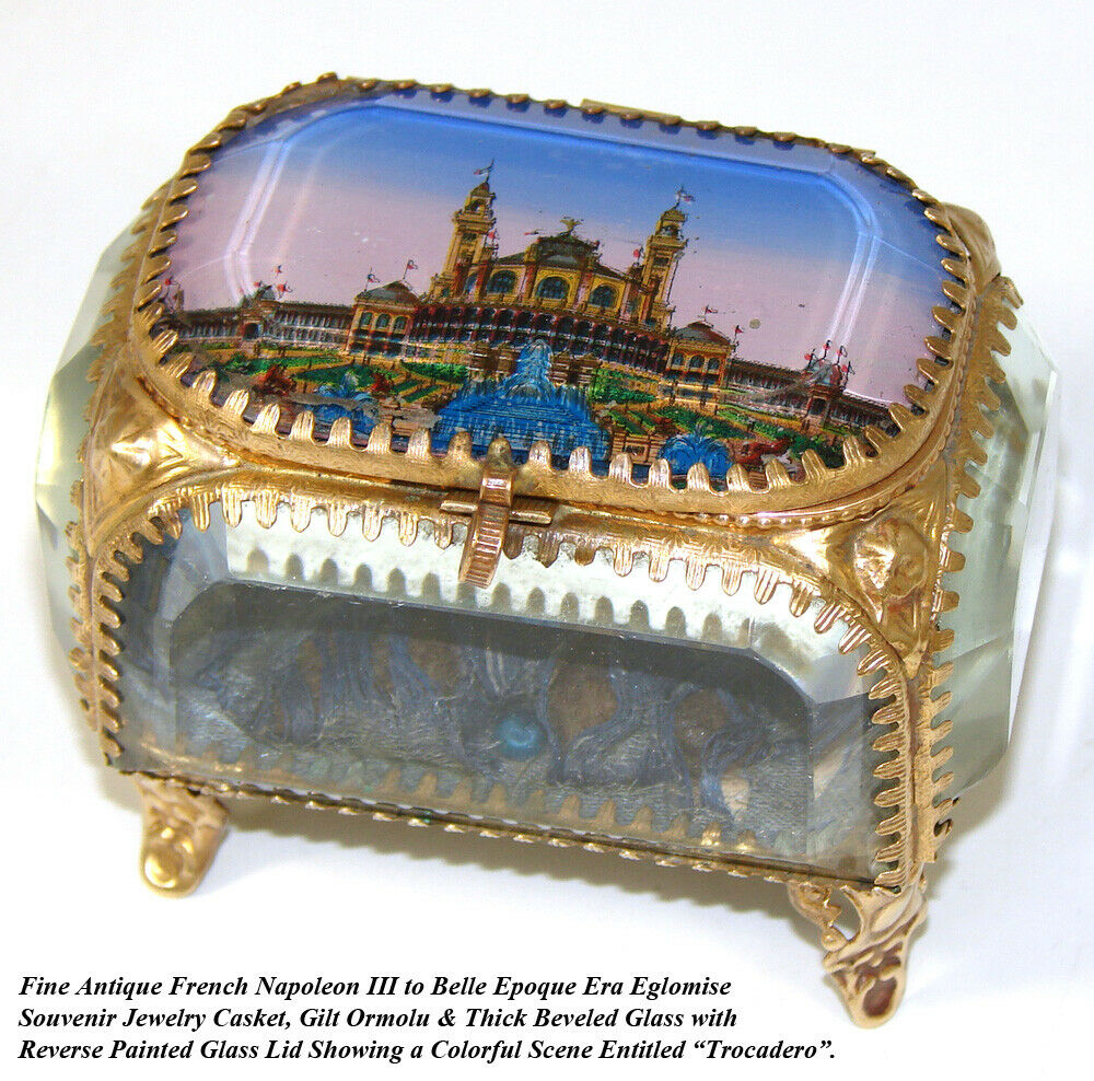 Antique French Souvenir Jewel Casket, Ormolu & Thick Beveled Glass, "Trocadero"
