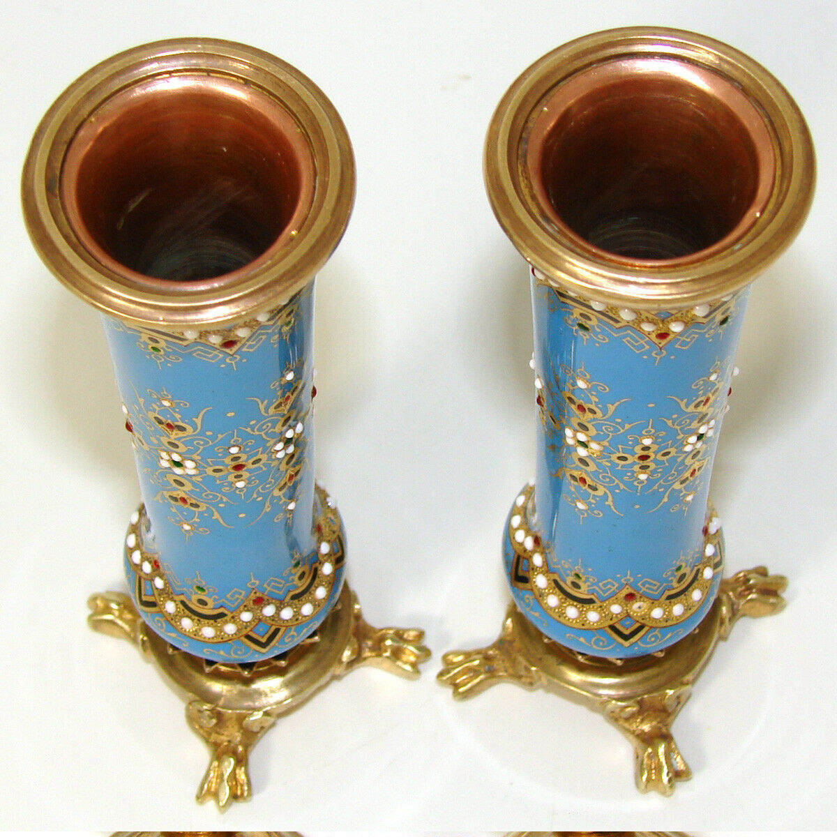 PAIR Antique French Sevres Enamel 4 3/8" Miniature Bud Vases, "Jeweled" Accents
