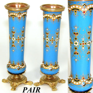 PAIR Antique French Sevres Enamel 4 3/8" Miniature Bud Vases, "Jeweled" Accents