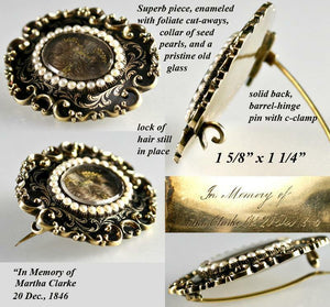 Early Victorian 12K Gold Mourning Brooch, Antique Seed Pearls, Enamel & Hair Art