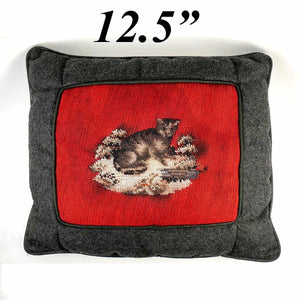 Antique Victorian Beadwork Kitten, Cat, Made into Throw Pillow, Wool Needlepoint