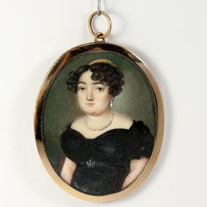 Rare Fine French Empire Portrait Miniature, 15k Gold Frame, Pearl Tiara, Diadem