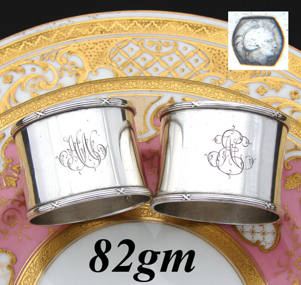Antique French 800 (nearly sterling) Silver 2" Napkin Ring PAIR, Ribbon Borders