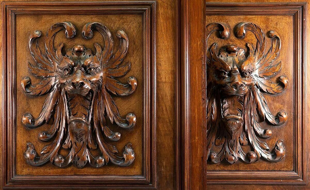 PAIR (2) Antique HC Oak French Cabinet Doors, Figural Lion Head, Each 26" x 23"