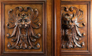 PAIR (2) Antique HC Oak French Cabinet Doors, Figural Lion Head, Each 26" x 23"