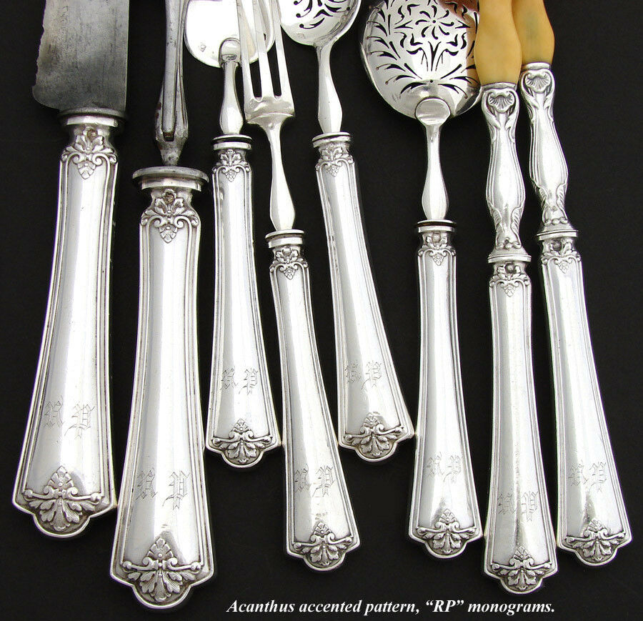 Antique French Sterling Silver 8pc Serving Implement Set, Orig Box, c. 1834-1846