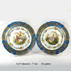 Antique French Pair 9.75" Cabinet Plates, Old Paris, Raised Gold & Hand Painted