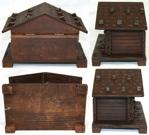 Charming Antique Carved Black Forest Jewelry Box, Casket - Cabin or House Shape