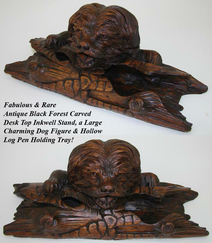 Rare Antique Black Forest Carved Inkwell, Instand: a Dog with Log Pen Tray
