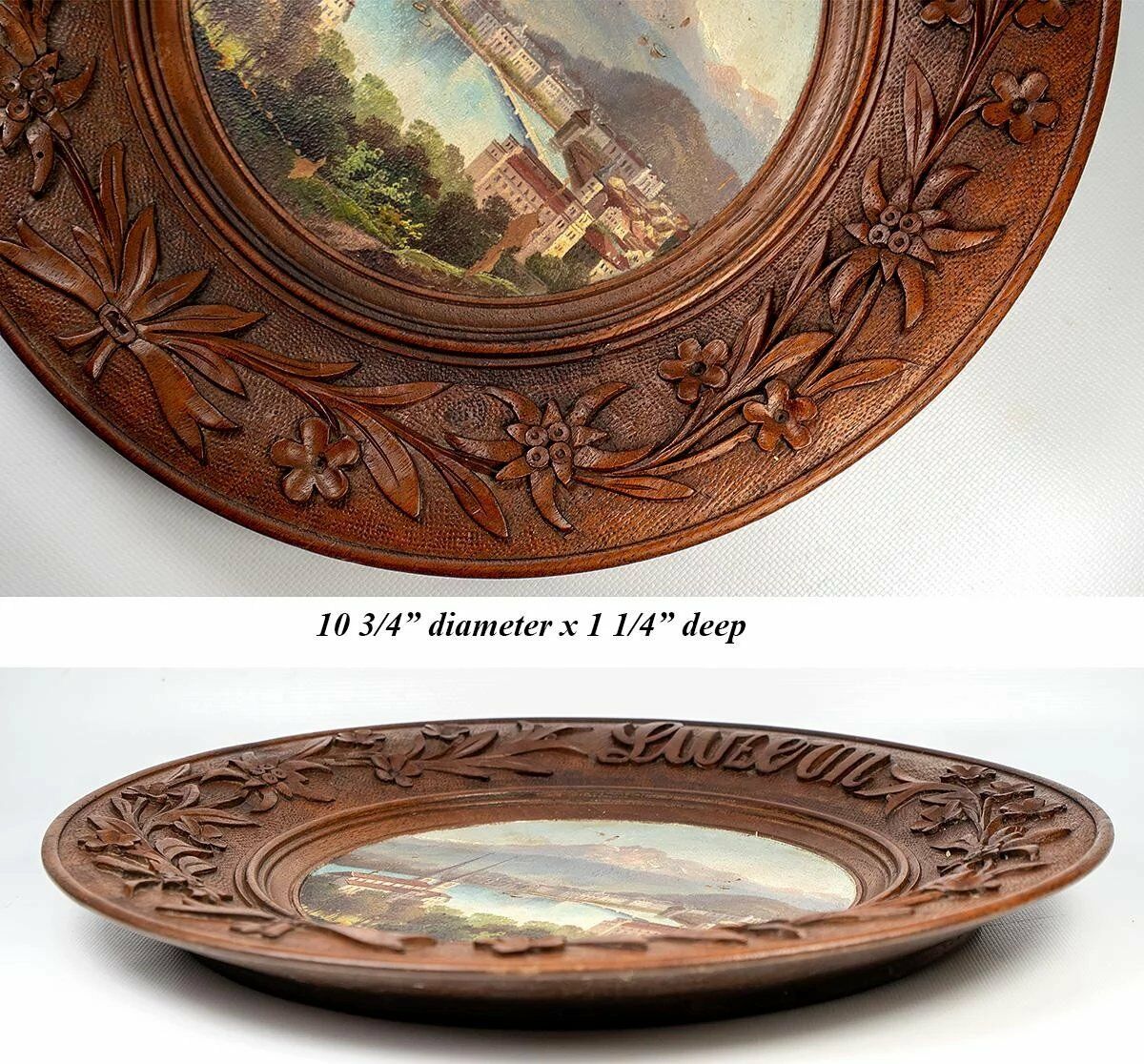Antique Hand Carved Black Forest Bread Board, Platter, Oil Painting of Lucern